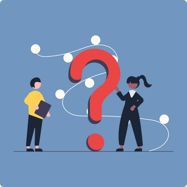 Illustration of two people and a big questionmark