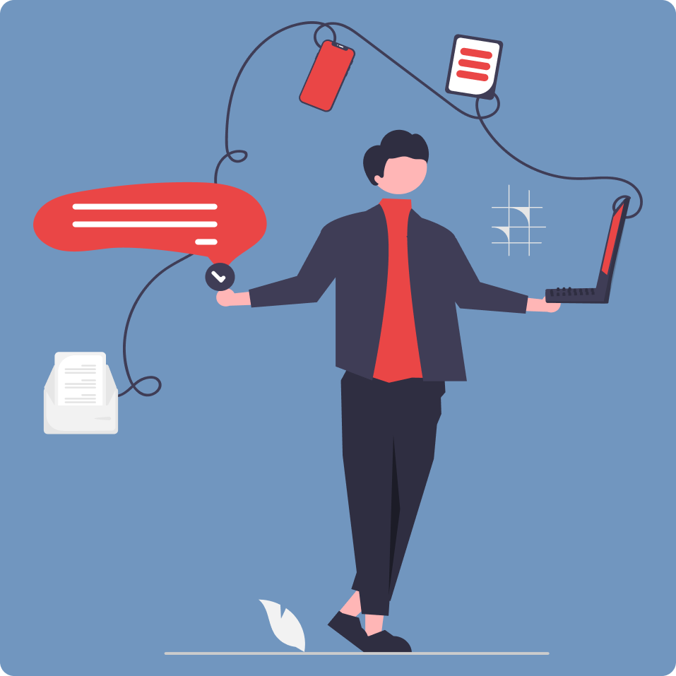 Illustration of a person jugling technology